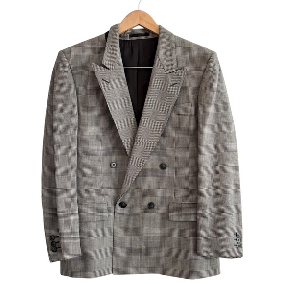 Vintage Jackets & Blazers - Vintage Wool Double Breasted Oversized Black Plaid Blazer